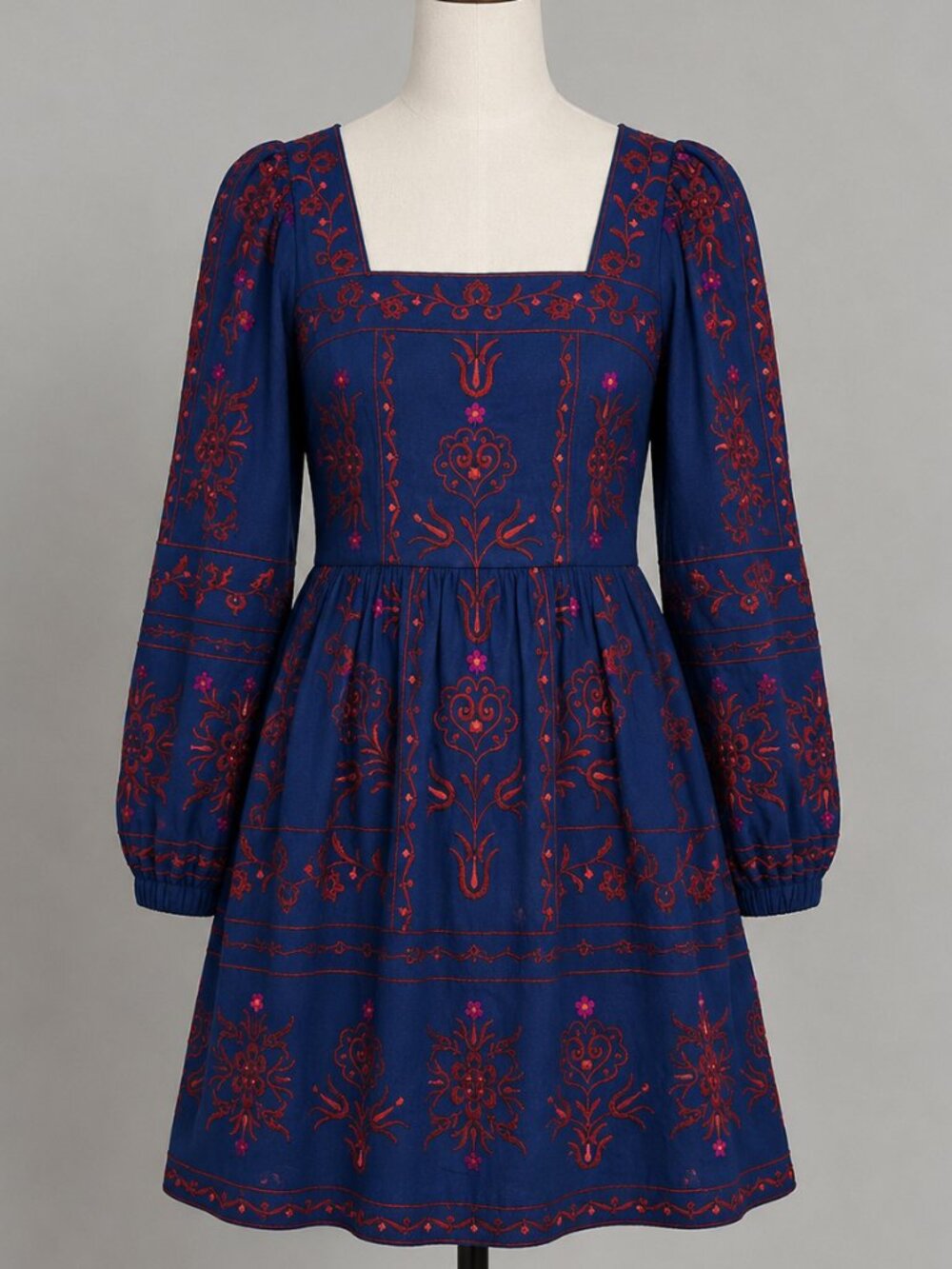 Sea New York Dress 6 Blue Square Neck Embroidered Floral Puff Long Sleeve‎ Mini